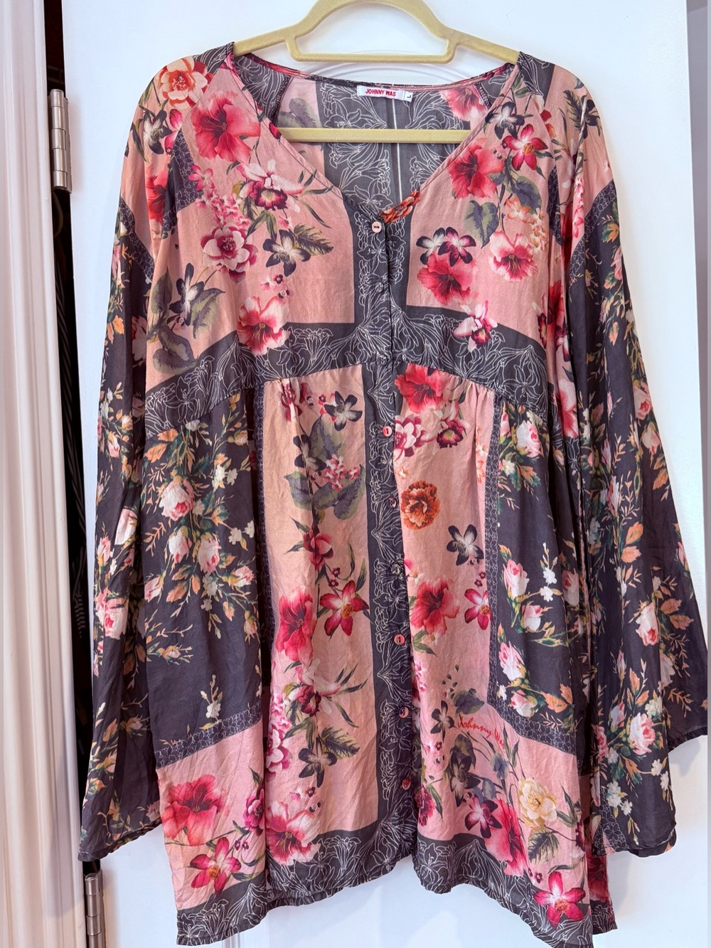 Johnny Was Silk Floral Tunic Dress Button Front Bell Sleeve Large